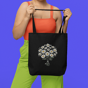 Daisy Black Canvas Tote – Zippered, Floral Design | Verified Sustainable by Brown Living™