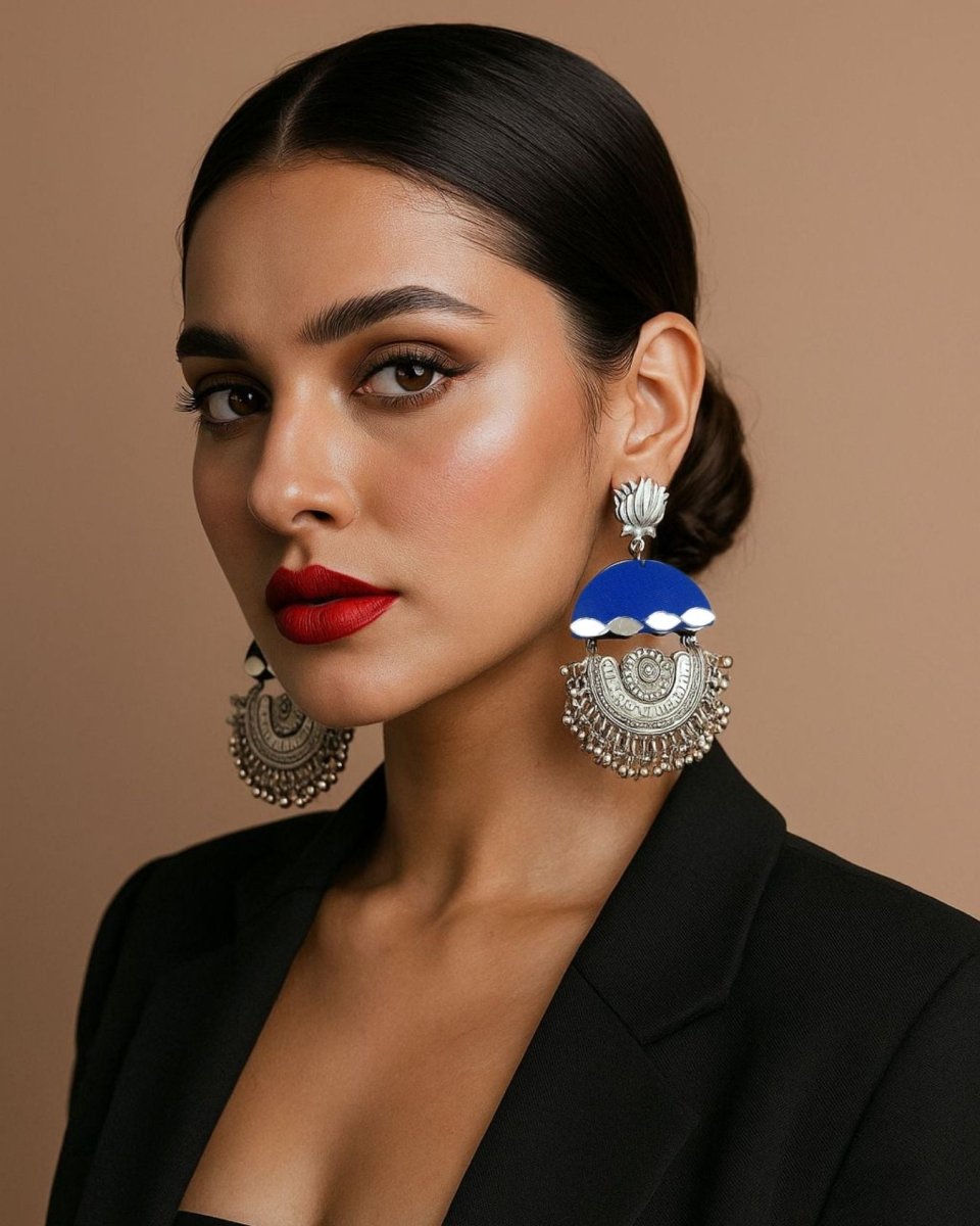 Dark Blue Oxidised Jhumkas for Understated Elegance – Womens earrings by The serene by Rainvas available on Brown Living™. . SKU: RVS - SER - EAR - 149. Img 3.