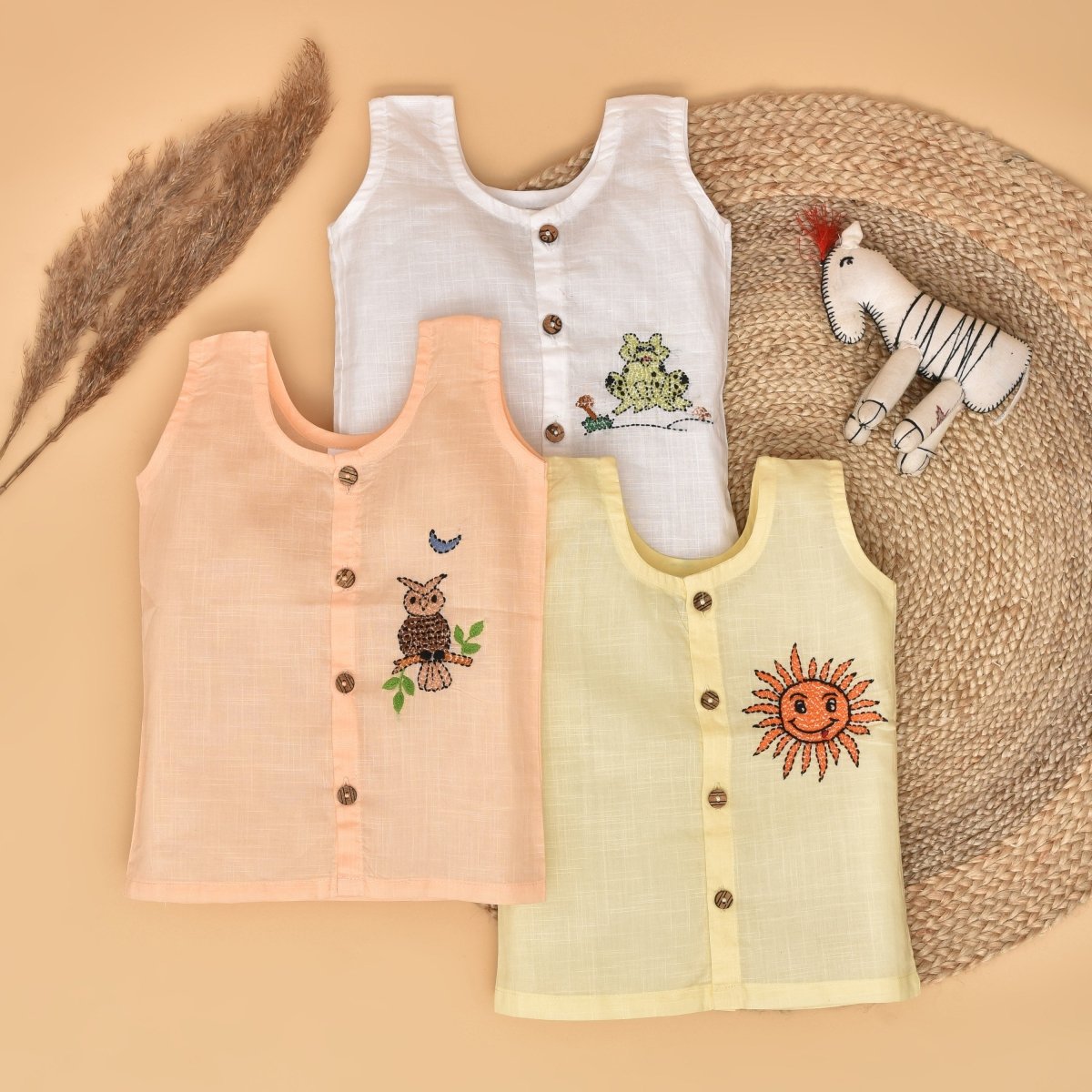 Day & Night Critters Jabla (Sun, Frog and Night Owl Design) - Pure Cotton Baby Jabla Set of 3 | Verified Sustainable by Brown Living™