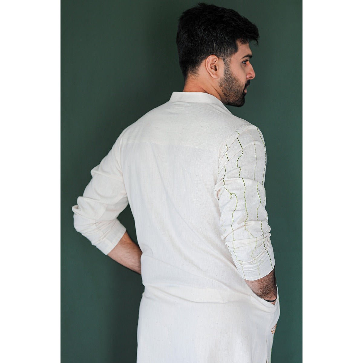 Desert Star Khadi Kurta - Mandarin Collar, Basic Sleeves – Mens Kurta on Brown Living™. SKU: DL0147XS. Img 6.