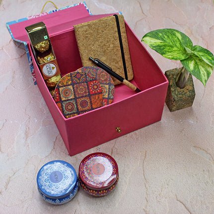 Sustainable Gift Hamper - Cork Planter, Cork Diary & Pen, Cork Coasters, Cork T Light & Scented Candles – Gift Giving on Brown Living™. SKU: MJ00004GF. Img 1.