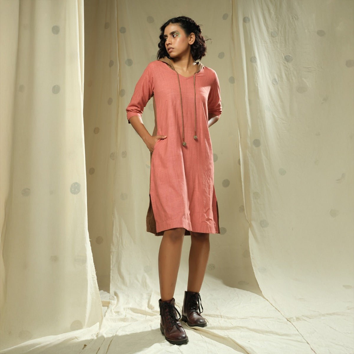 Dusty Pink Natural Fiber Organic Khadi Hoodie Dress | Verified Sustainable by Brown Living™