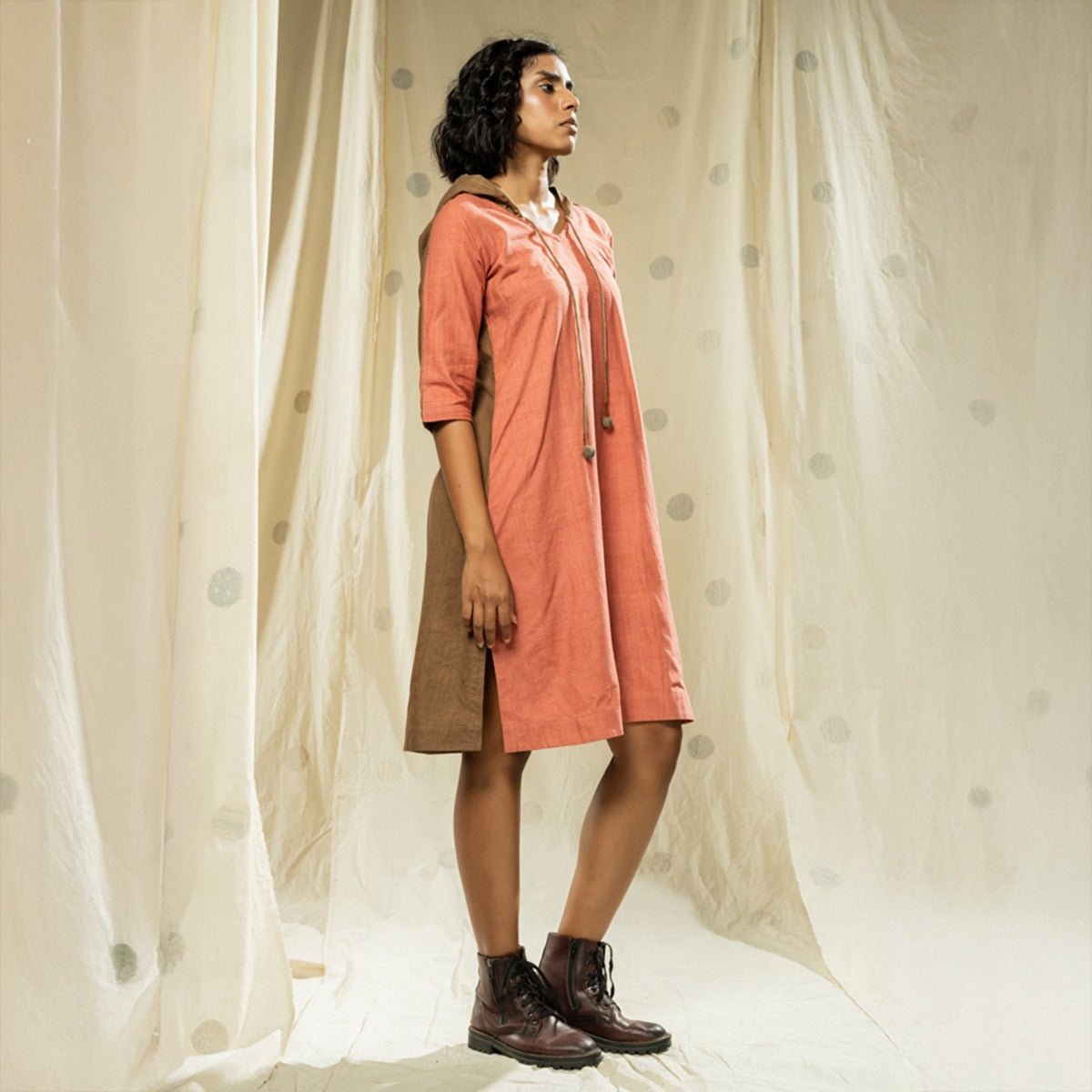 Dusty Pink Natural Fiber Organic Khadi Hoodie Dress | Verified Sustainable by Brown Living™