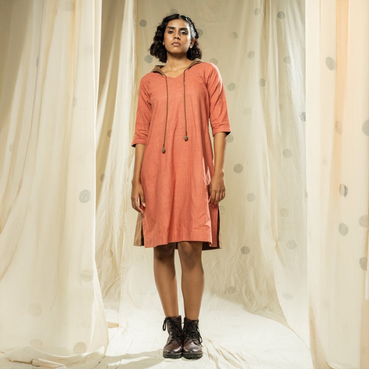 Dusty Pink Natural Fiber Organic Khadi Hoodie Dress | Verified Sustainable by Brown Living™