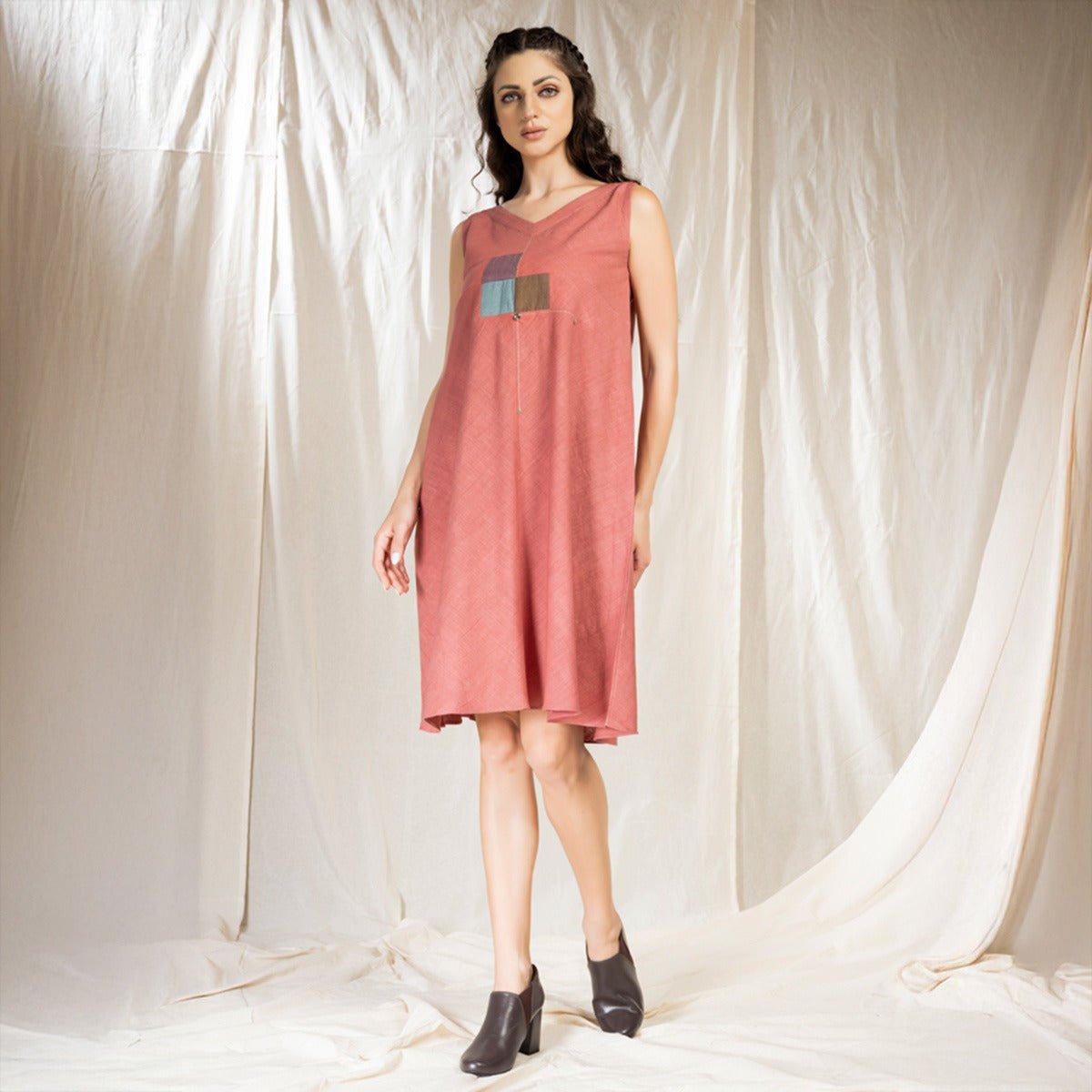 Dutsy Pink Square Symphony - Playful Sleeveless Dress | Verified Sustainable by Brown Living™
