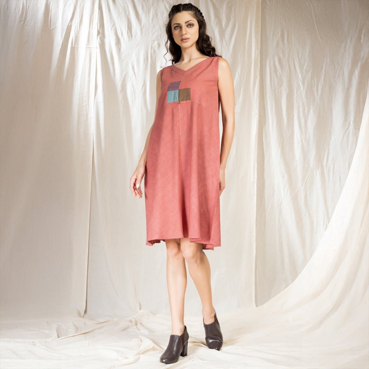 Dutsy Pink Square Symphony - Playful Sleeveless Dress | Verified Sustainable by Brown Living™