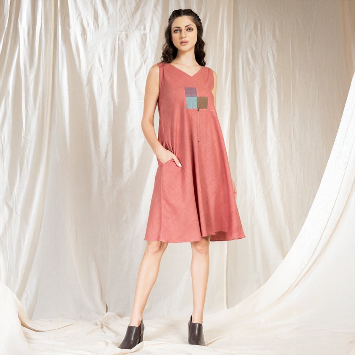 Dutsy Pink Square Symphony - Playful Sleeveless Dress | Verified Sustainable by Brown Living™