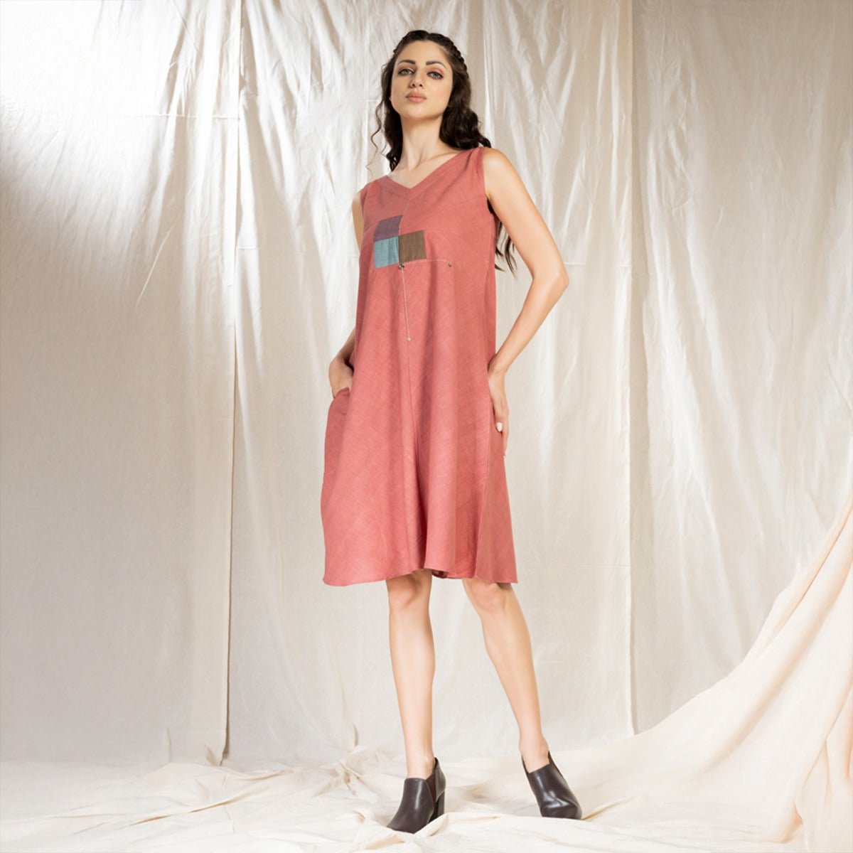 Dutsy Pink Square Symphony - Playful Sleeveless Dress | Verified Sustainable by Brown Living™