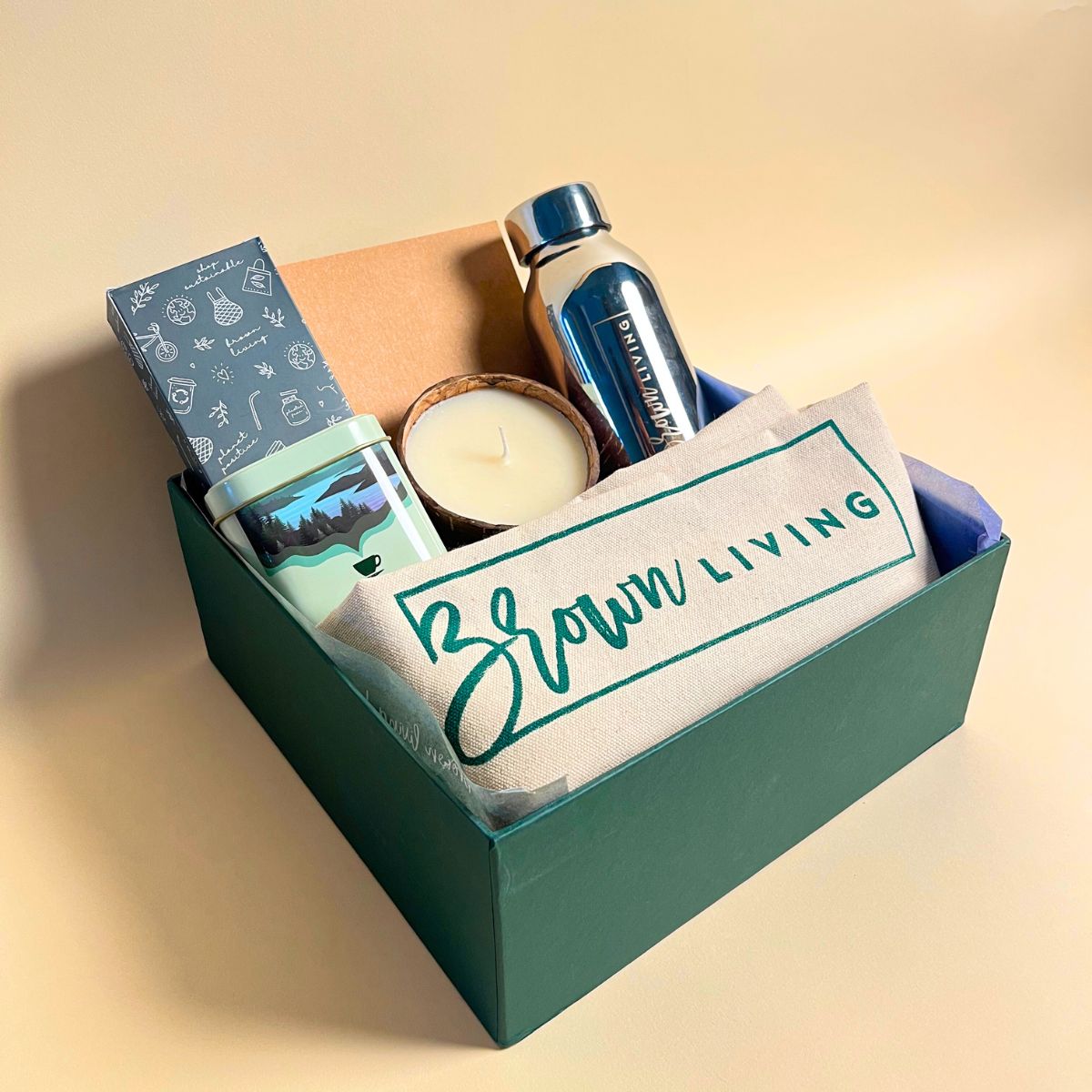 Eco - Friendly Wellness Hamper: Tote Bag, Tea, Candles & More – Gift Giving on Brown Living™. SKU: BL_EWH_TTCBB. Img 2.