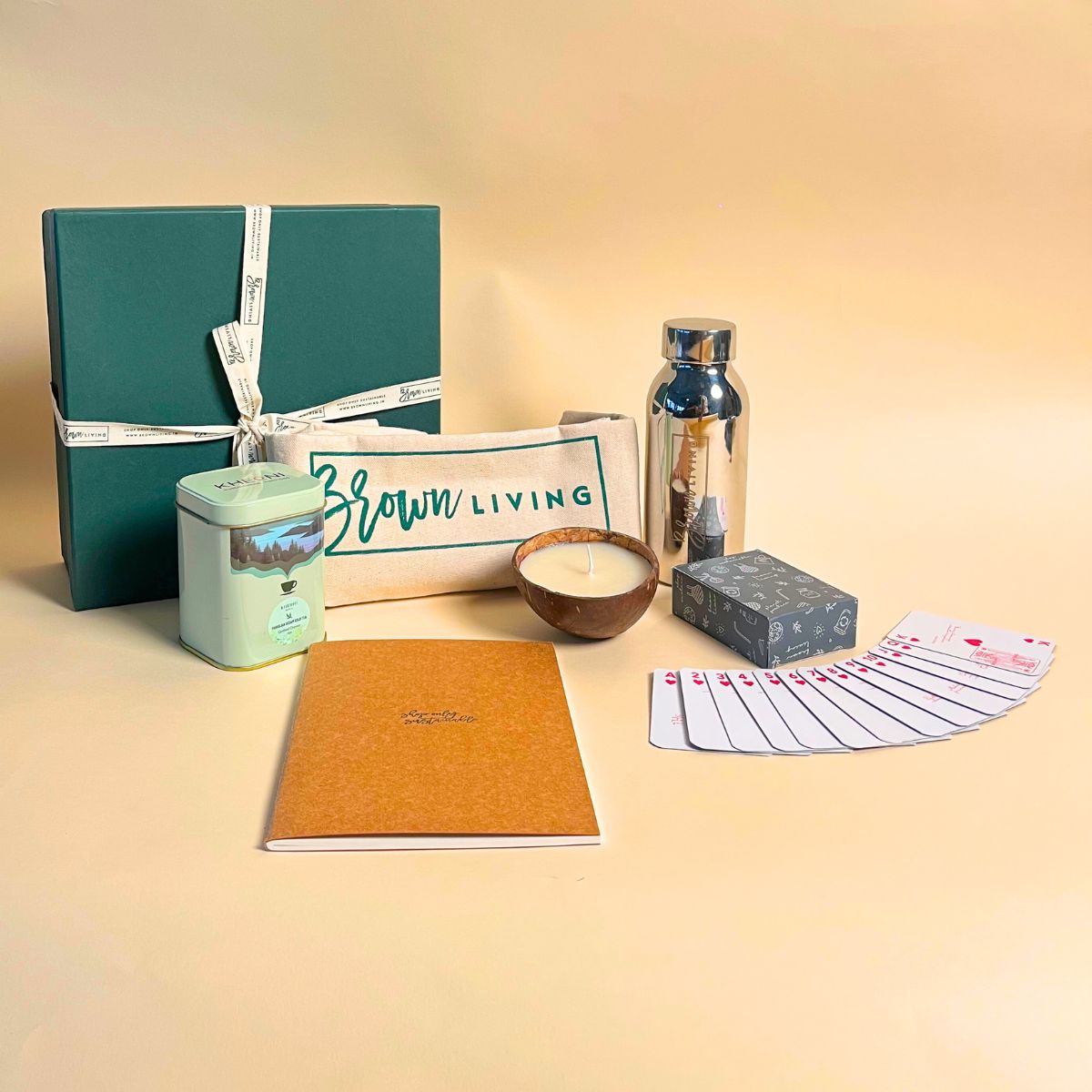 Eco - Friendly Wellness Hamper: Tote Bag, Tea, Candles & More – Gift Giving on Brown Living™. SKU: BL_EWH_TTCBB. Img 1.