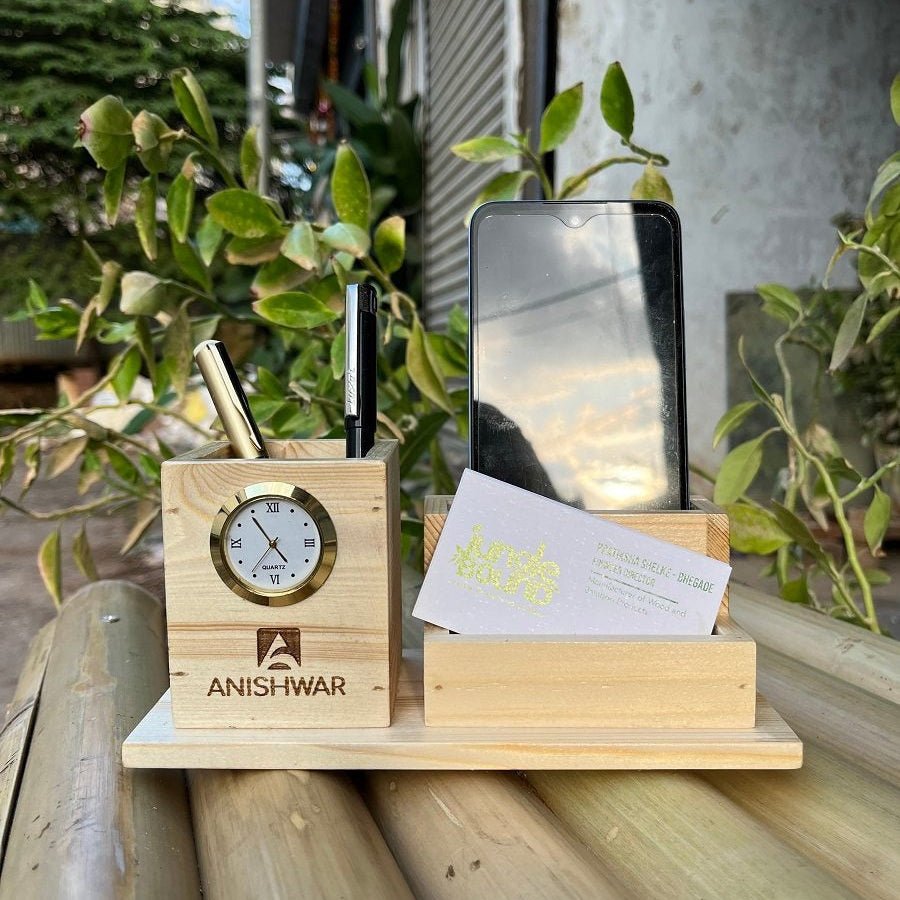 Elegant Wooden Pen Stand with Clock – Desk Organizer for Home & Office – Desk Organizers on Brown Living™. SKU: BL - JB - 01. Img 2.