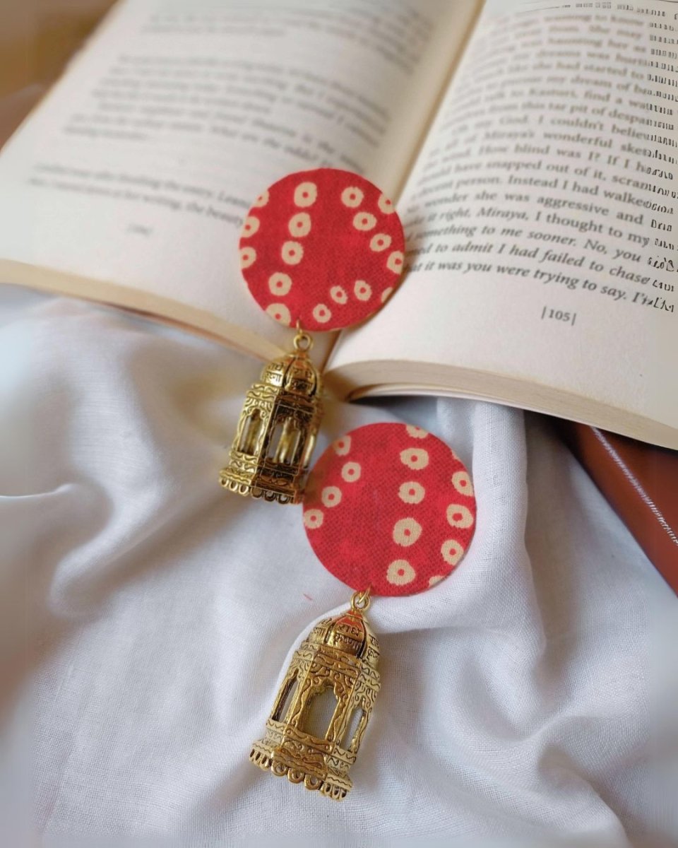 Festive Red Bandhani Jhumkas – Womens earrings by The serene by Rainvas available on Brown Living™. . SKU: RVS - SER - EAR - 08. Img 4.