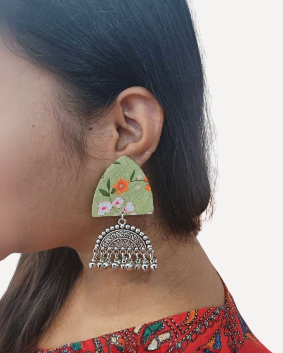 Floral Green Elegant Fabric Earrings – Womens earrings by The serene by Rainvas available on Brown Living™. . SKU: RVS - SER - EAR - 107. Img 5.