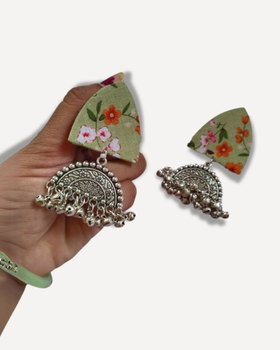 Floral Green Elegant Fabric Earrings – Womens earrings by The serene by Rainvas available on Brown Living™. . SKU: RVS - SER - EAR - 107. Img 4.