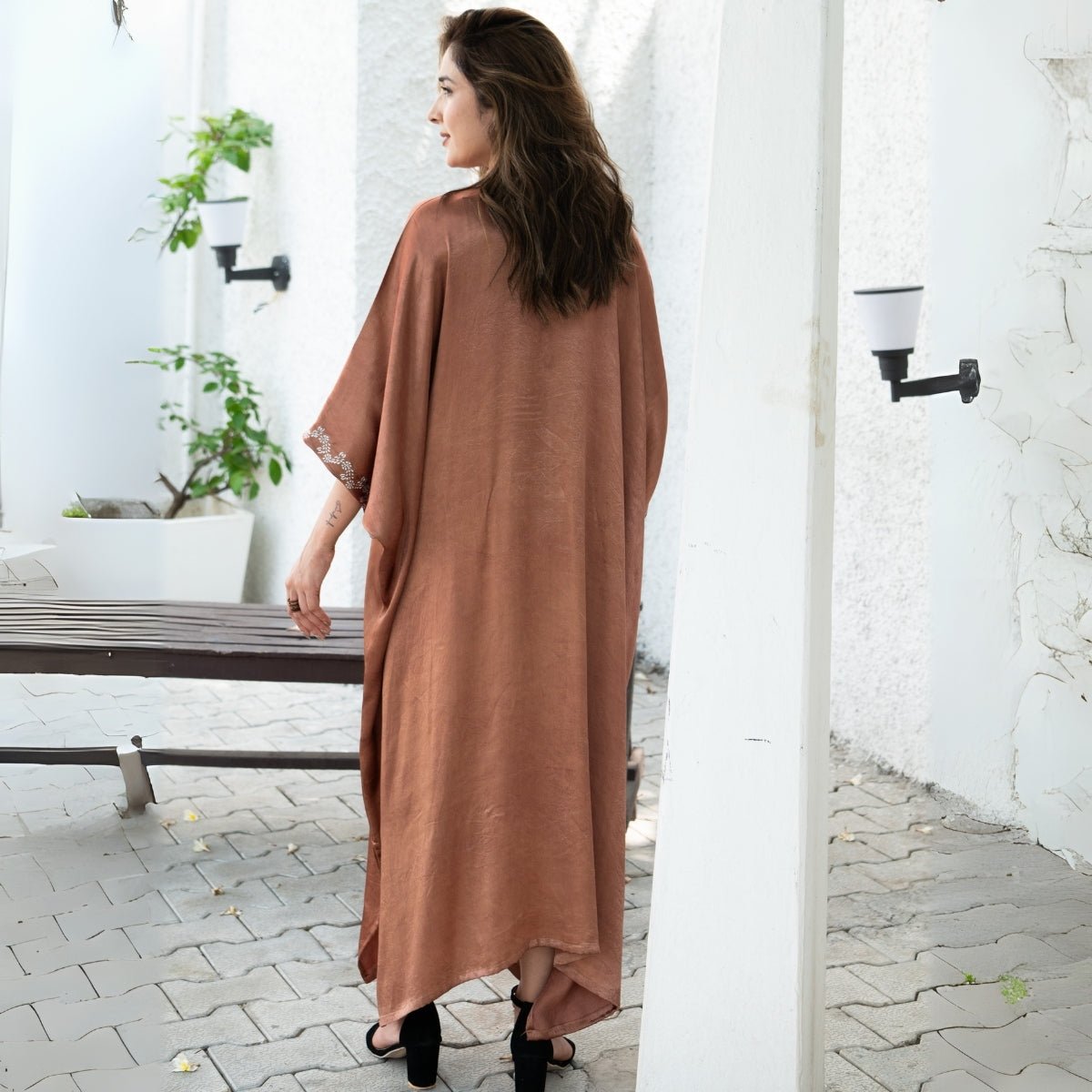 French Beige Real Silver Band Collar Mashru Kaftan | Verified Sustainable by Brown Living™