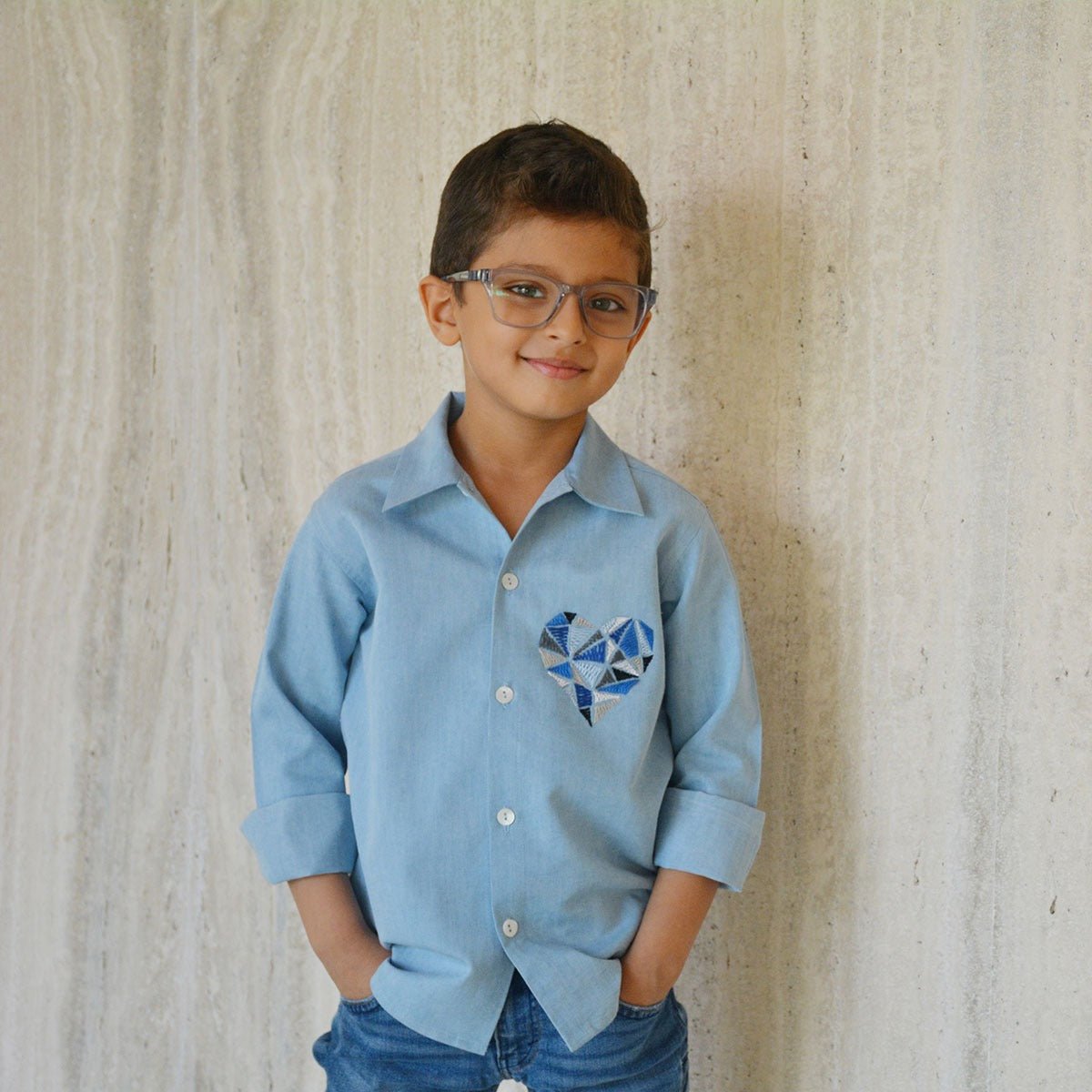 Geomtetric Heart Embroidered Denim Shirt | Verified Sustainable by Brown Living™