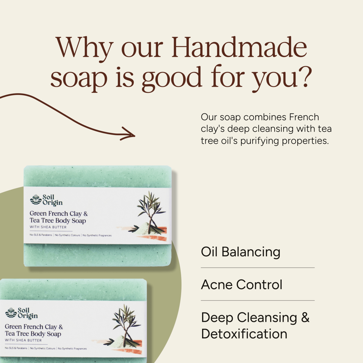 Green French Clay & Tea Tree Soap | Shea Butter | No SLS | Handmade Soap | 100% Natural | 100g | Verified Sustainable by Brown Living™