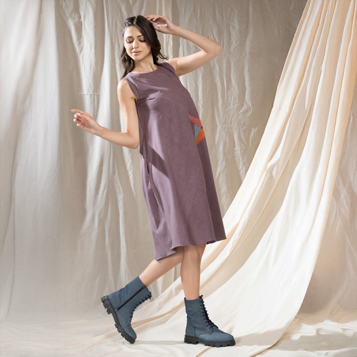 Grey Triangular Tales Knee Length Dress | Verified Sustainable by Brown Living™