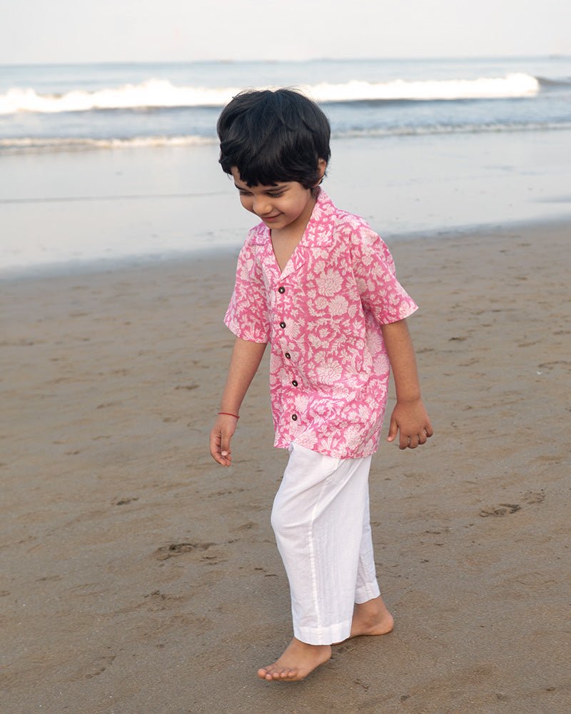 Groove - Pink Floral Hand Block Print Boys Shirt | Verified Sustainable by Brown Living™