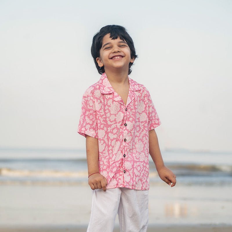 Groove - Pink Floral Hand Block Print Boys Shirt | Verified Sustainable by Brown Living™