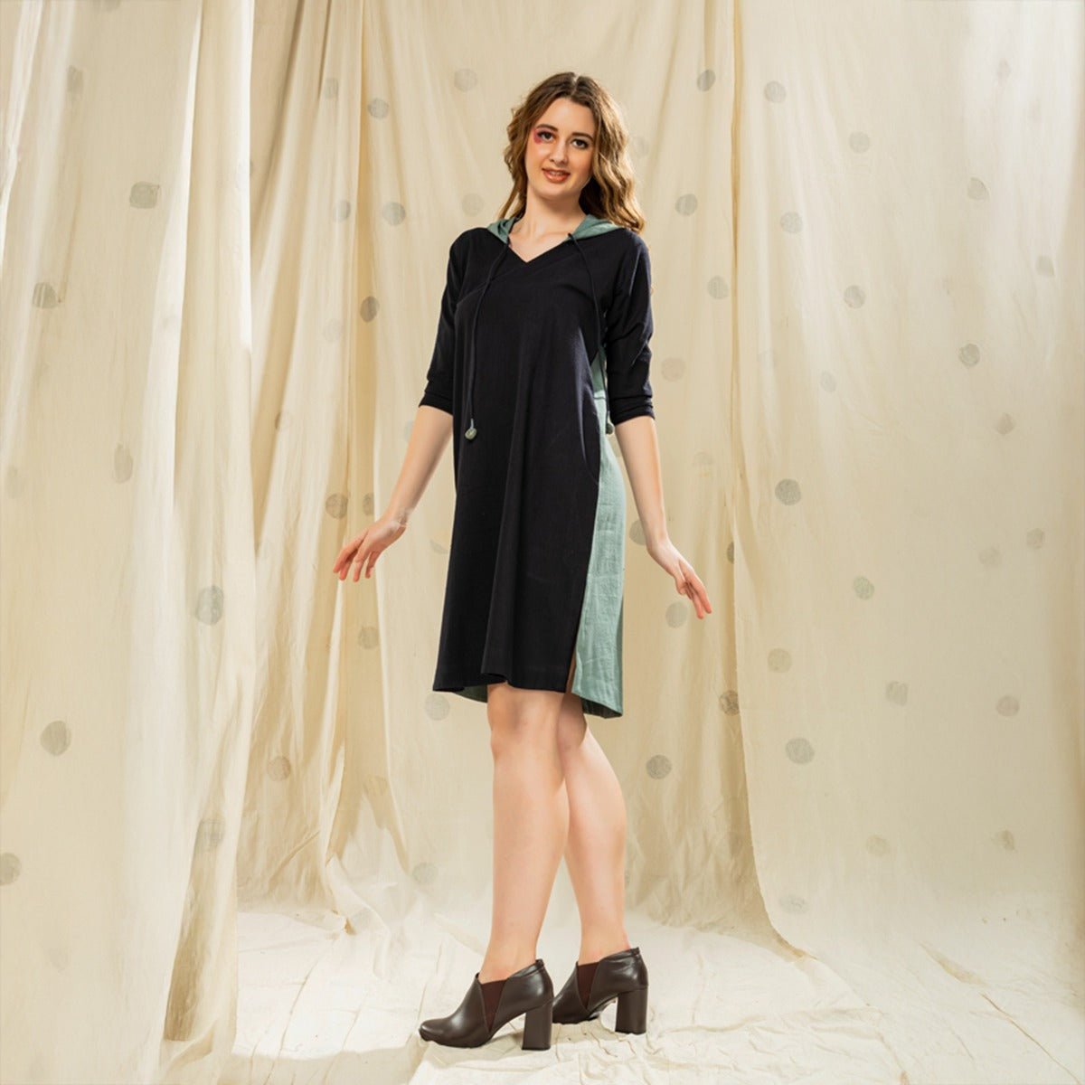 Hand Crafted - Black Organic Khadi Nature - Inspired Hoodie Dress | Verified Sustainable by Brown Living™