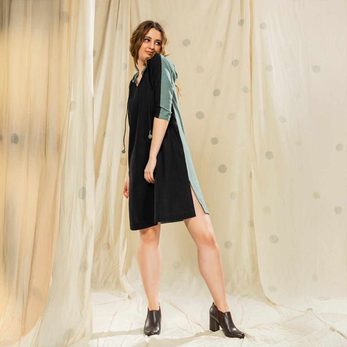Hand Crafted - Black Organic Khadi Nature - Inspired Hoodie Dress | Verified Sustainable by Brown Living™