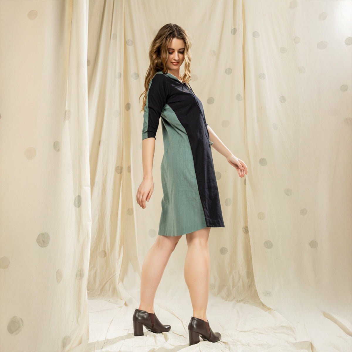 Hand Crafted - Black Organic Khadi Nature - Inspired Hoodie Dress | Verified Sustainable by Brown Living™