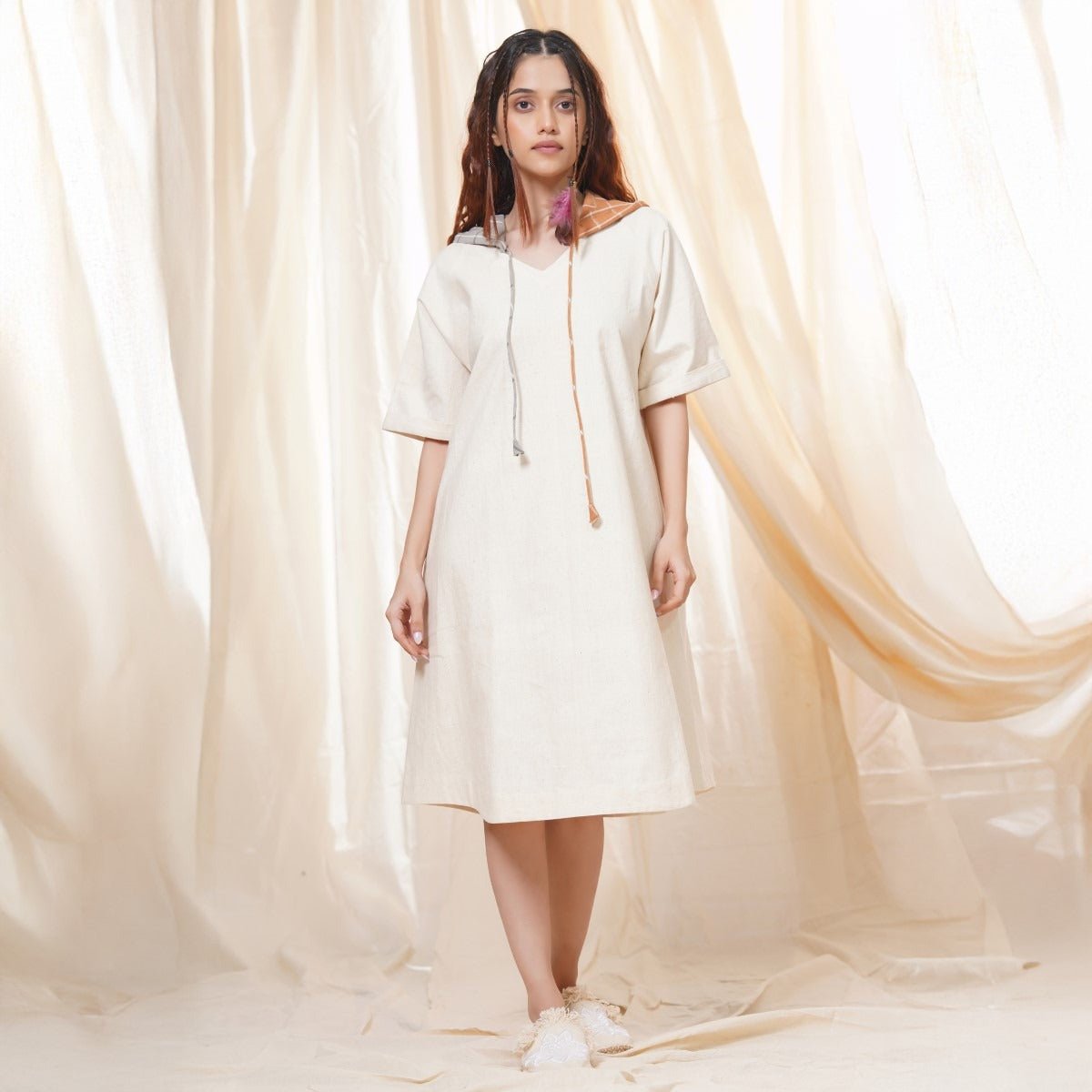 Hand Crafted - White Organic Khadi Relaxed Fit Hoodie Dress | Verified Sustainable by Brown Living™