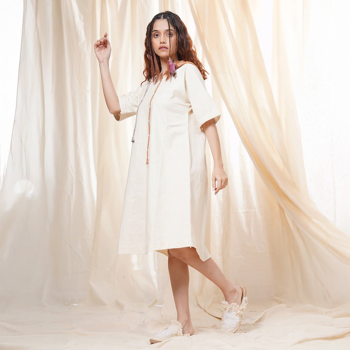 Hand Crafted - White Organic Khadi Relaxed Fit Hoodie Dress | Verified Sustainable by Brown Living™