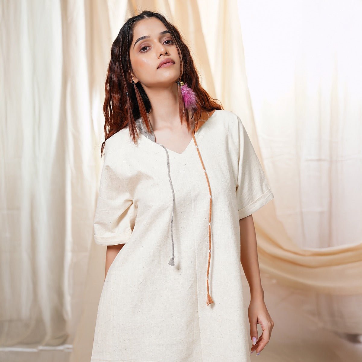 Hand Crafted - White Organic Khadi Relaxed Fit Hoodie Dress | Verified Sustainable by Brown Living™