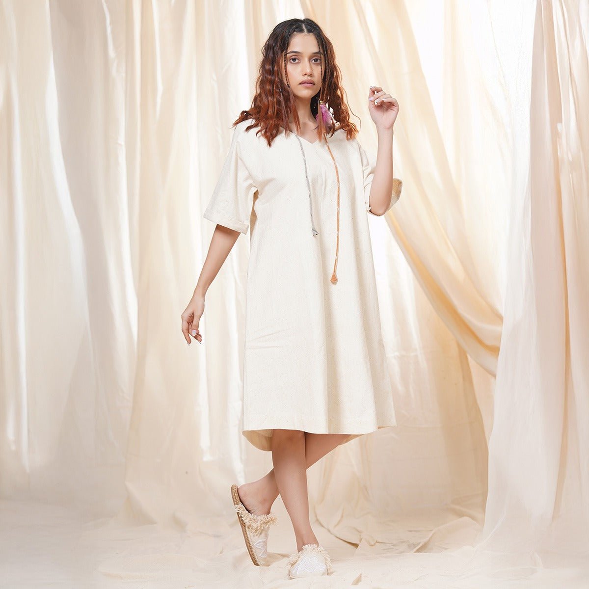 Hand Crafted - White Organic Khadi Relaxed Fit Hoodie Dress | Verified Sustainable by Brown Living™