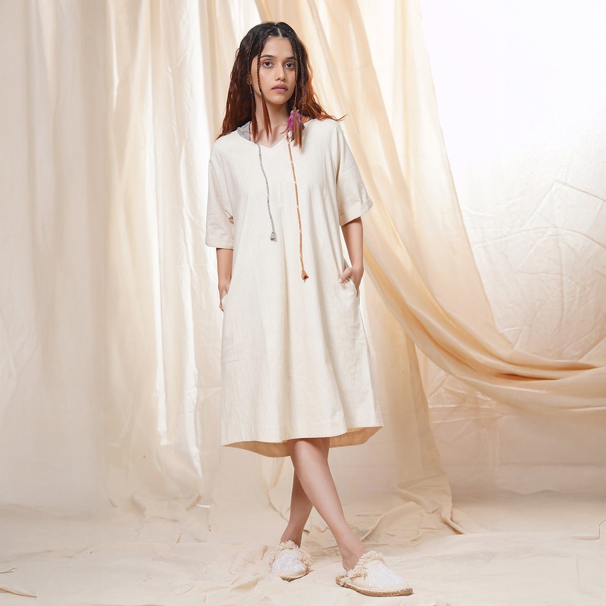 Hand Crafted - White Organic Khadi Relaxed Fit Hoodie Dress | Verified Sustainable by Brown Living™