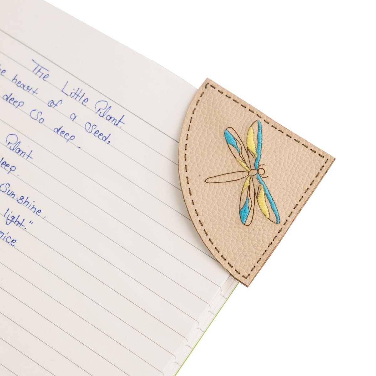 Hand Embroidered Dragonfly Corner Triangular Bookmark for Booklovers – Bookmarks on Brown Living™. SKU: BT008A. Img 3.