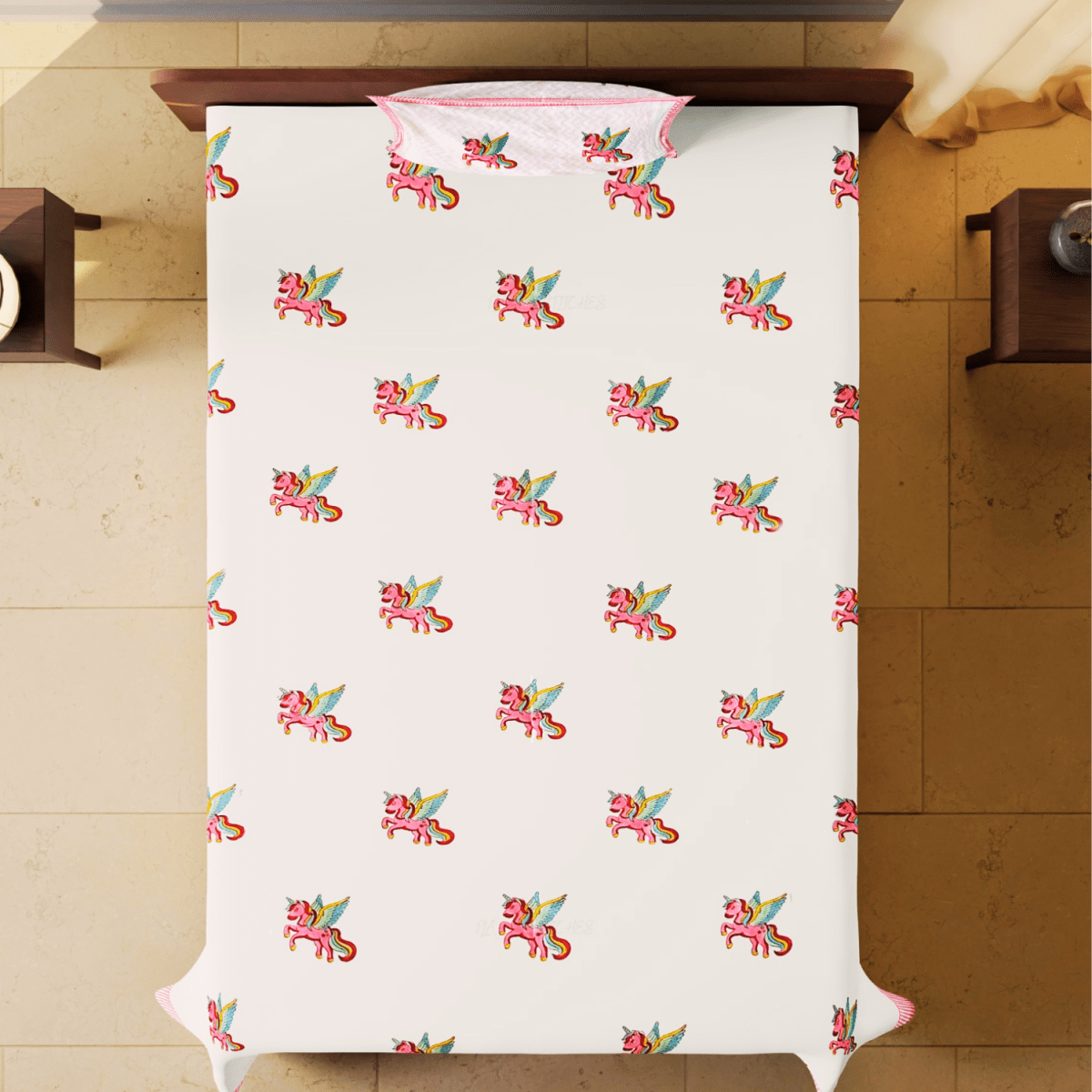 Handblock Cotton Bedsheet for Kids – 60x90 – Unicorn Design | Verified Sustainable by Brown Living™