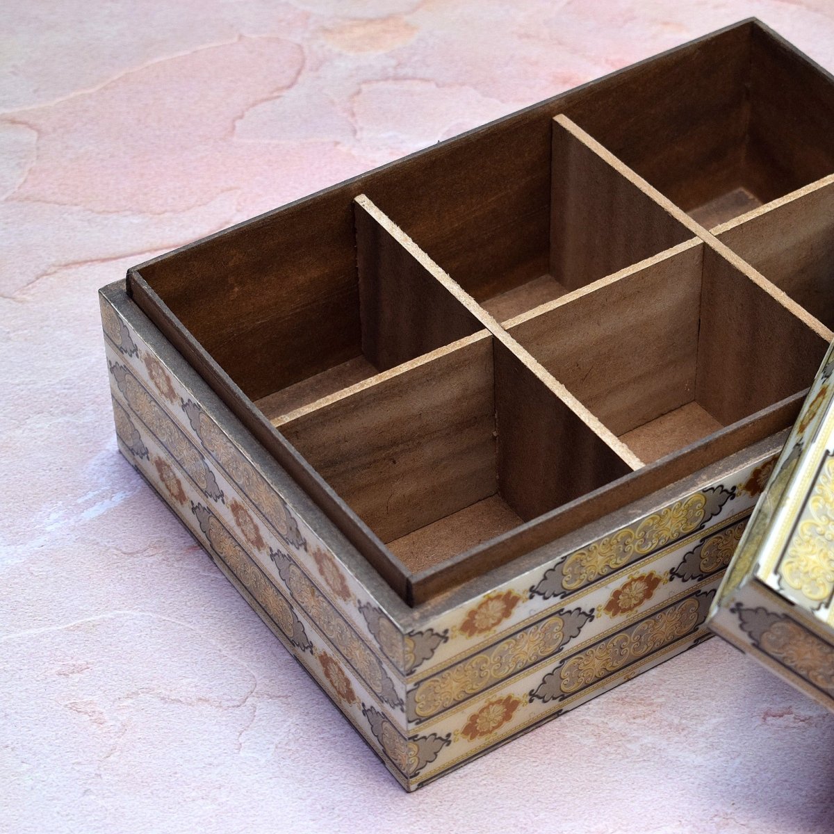 Handcrafted Pattern Tea Box – Organizers on Brown Living™. SKU: MJ00105BX. Img 3.