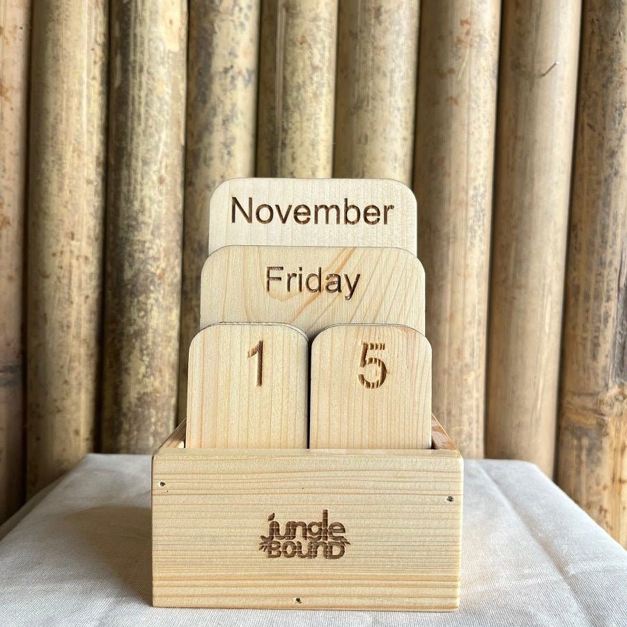 Handcrafted Wooden Perpetual Calendar – Reusable Desk Calendar – Calendars on Brown Living™. SKU: BL - JB - 13. Img 1.