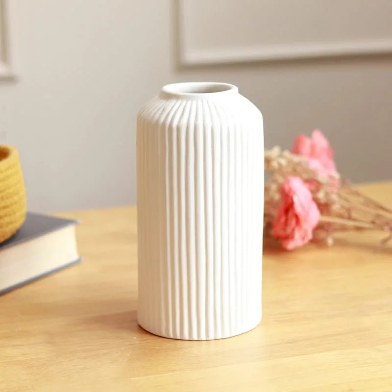 Handicrafted White Ribbed Vase Combo Of 2 – Decor & Artefacts on Brown Living™. SKU: 300. Img 2.
