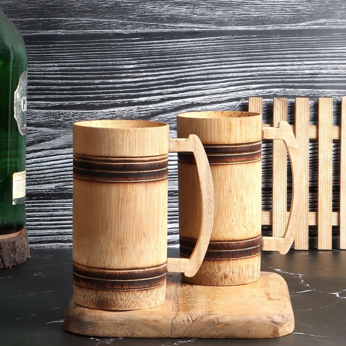 Handmade Bamboo Beer Mug - Smoked Finish and Plain Design (Set of 2) – Kitchen Organizers on Brown Living™. SKU: SK - BBM - PL - 02 - SF. Img 1.