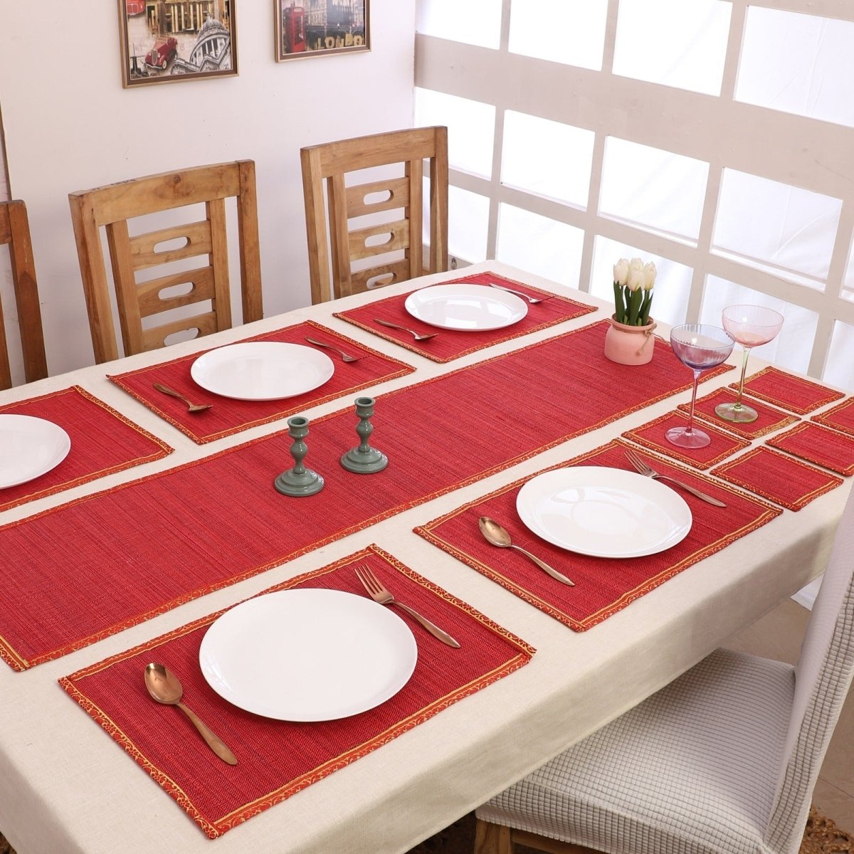 Handmade Bamboo Dining Mat Set with Zari Border - Set of 13 – Table Linens on Brown Living™. SKU: SK - BDM - FS - 13 - RD. Img 10.