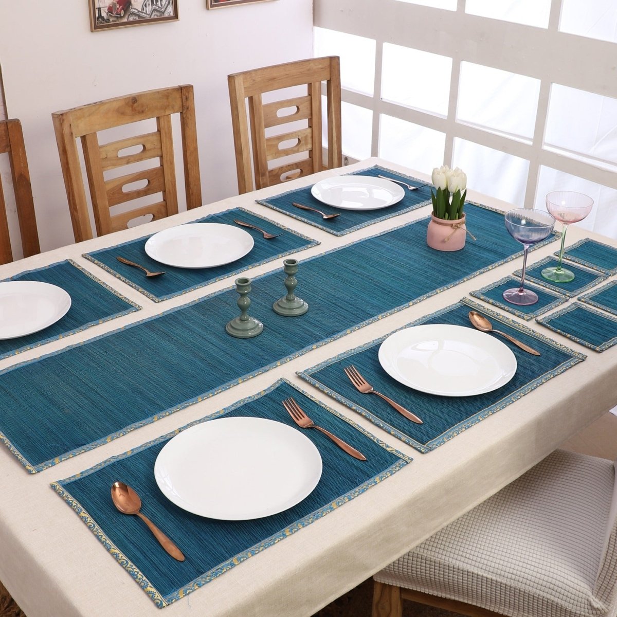 Handmade Bamboo Dining Mat Set with Zari Border - Set of 13 – Table Linens on Brown Living™. SKU: SK - BDM - FS - 13 - BL. Img 2.