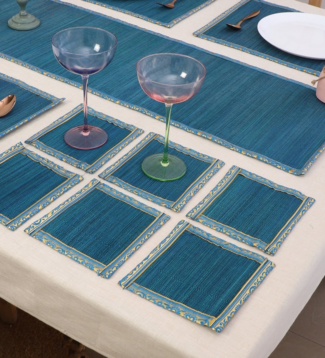 Handmade Bamboo Dining Mat Set with Zari Border - Set of 13 – Table Linens on Brown Living™. SKU: SK - BDM - FS - 13 - BL. Img 3.