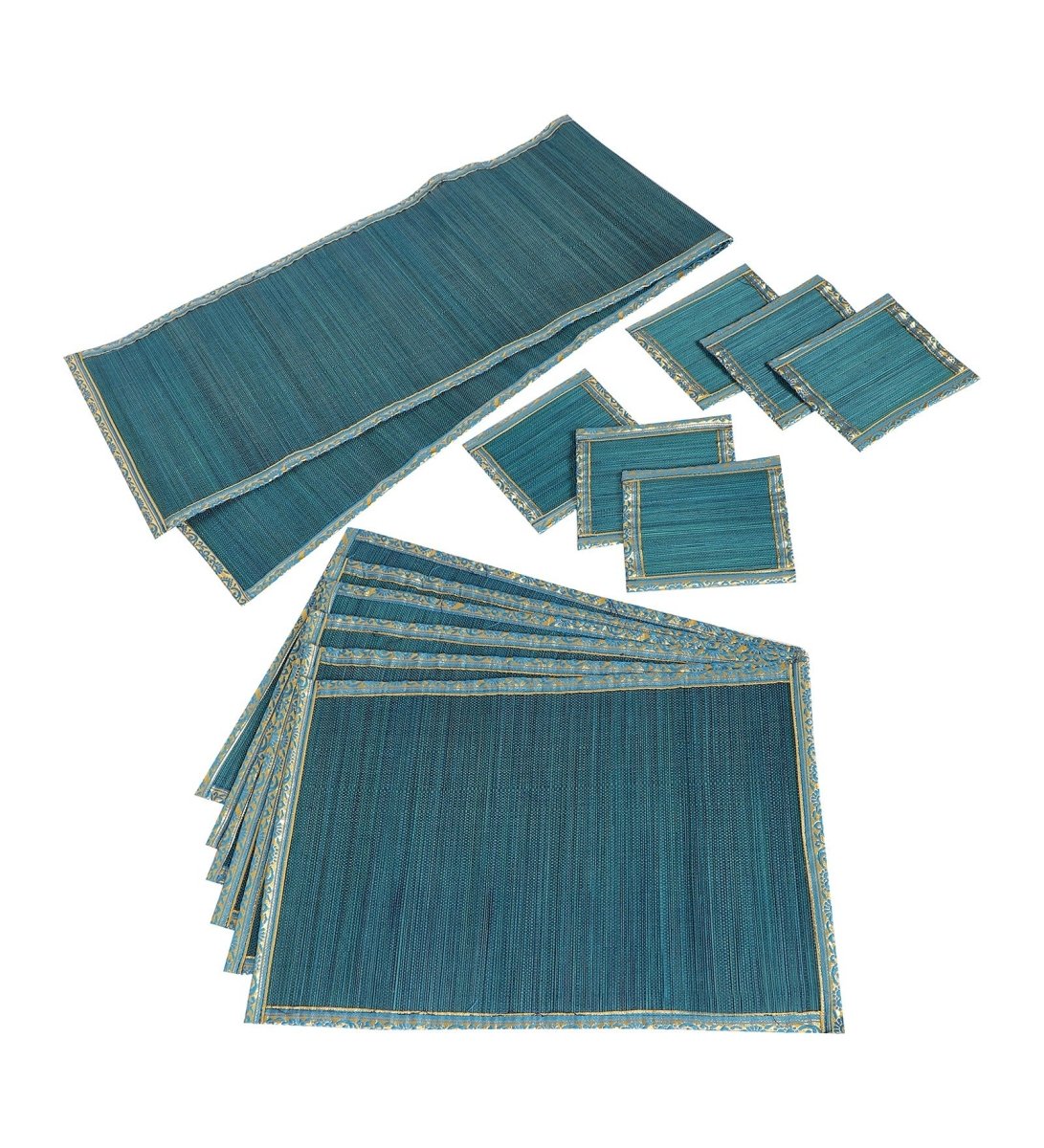 Handmade Bamboo Dining Mat Set with Zari Border - Set of 13 – Table Linens on Brown Living™. SKU: SK - BDM - FS - 13 - BL. Img 5.