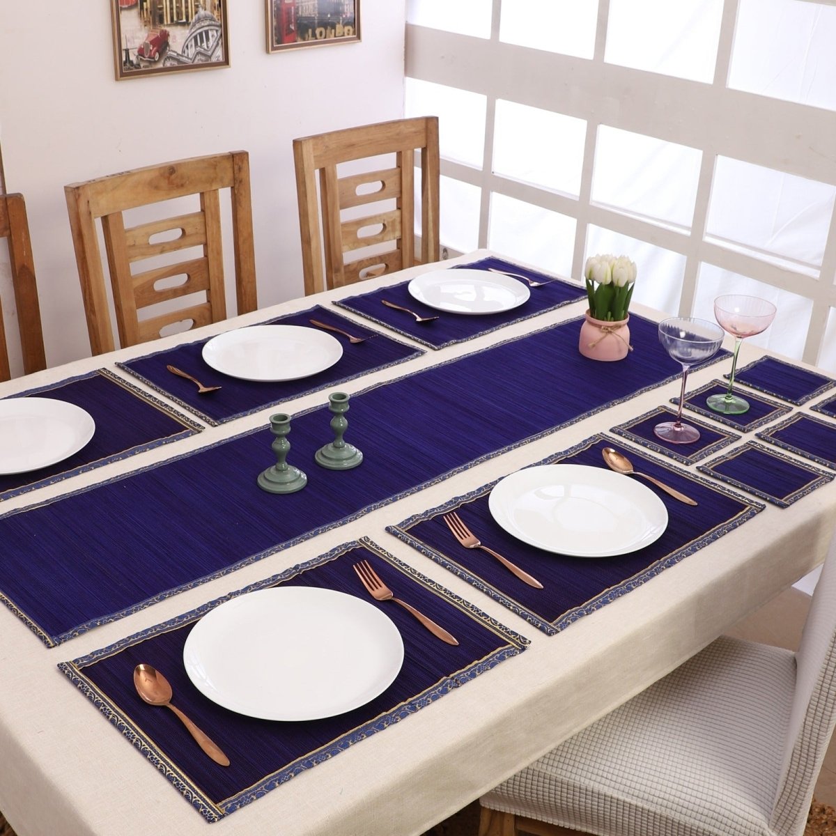 Handmade Bamboo Dining Mat Set with Zari Border - Set of 13 – Table Linens on Brown Living™. SKU: SK - BDM - FS - 13 - PR. Img 9.