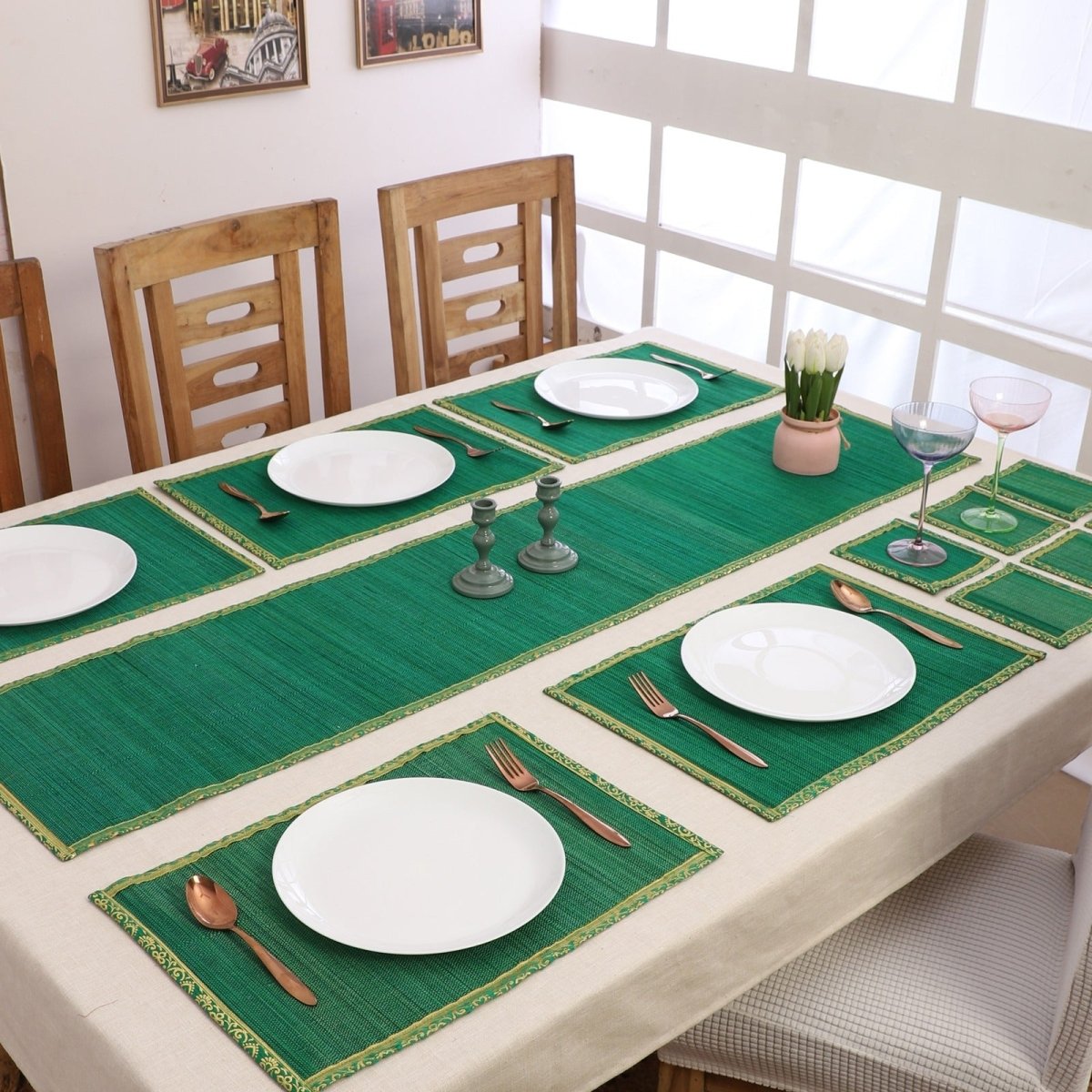 Handmade Bamboo Dining Mat Set with Zari Border - Set of 13 – Table Linens on Brown Living™. SKU: SK - BDM - FS - 13 - GR. Img 8.