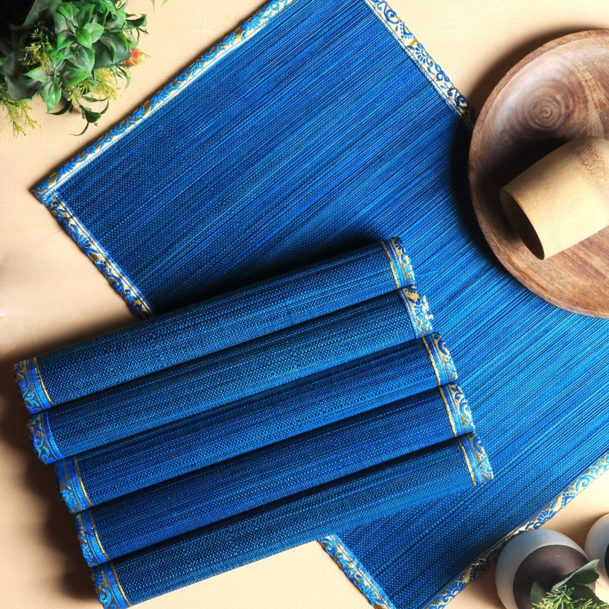 Handmade Bamboo Placemats | Zari Border – Set of 6 – Table Linens on Brown Living™. SKU: SK - BPM - FS - 06 - BL. Img 3.