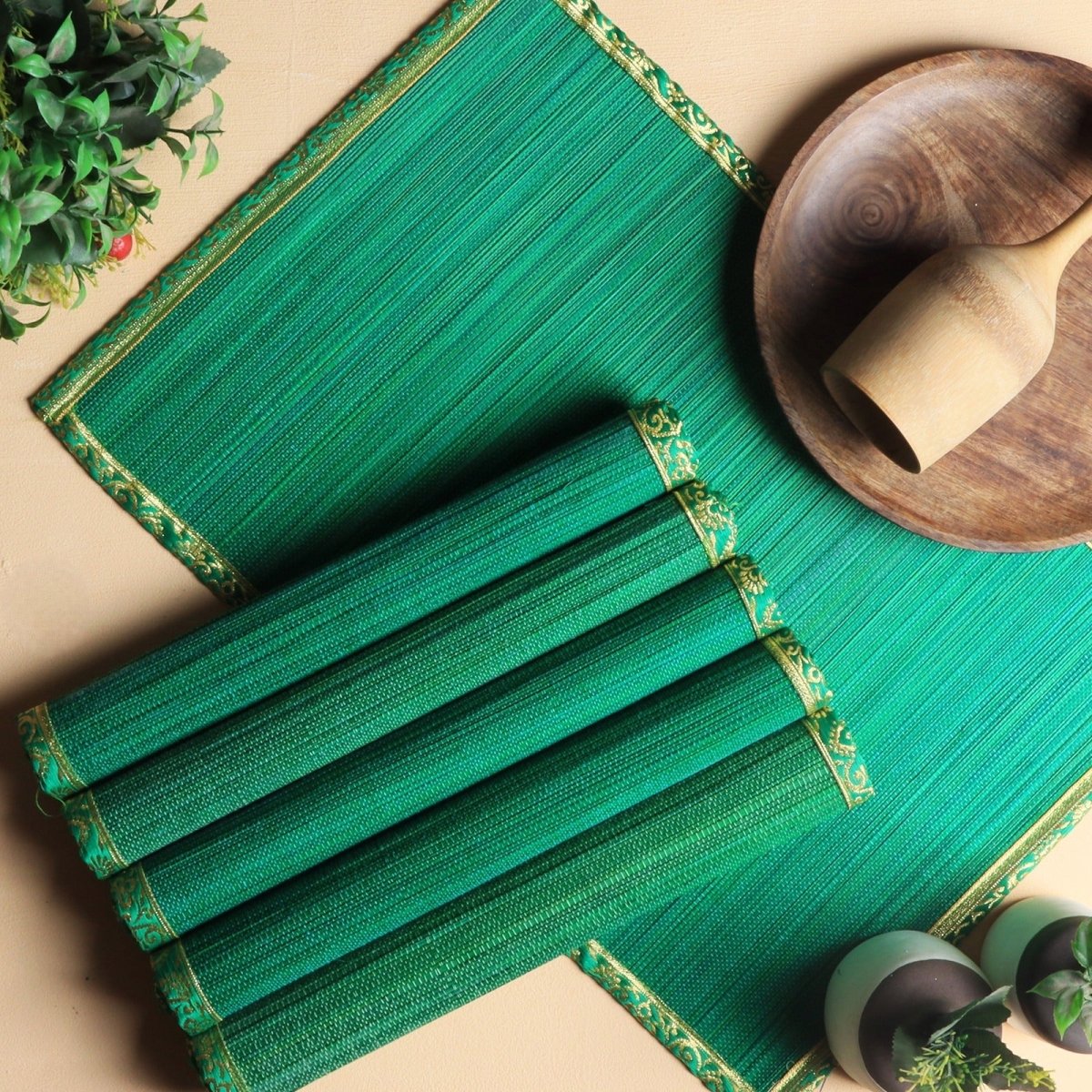 Handmade Bamboo Placemats | Zari Border – Set of 6 – Table Linens on Brown Living™. SKU: SK - BPM - FS - 06 - GR. Img 1.