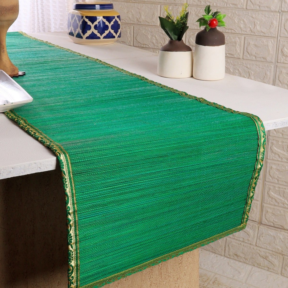 Handmade Bamboo Table Runner With Zari Border – Table Linens on Brown Living™. SKU: SK - BTR - FS - 01 - GR. Img 3.