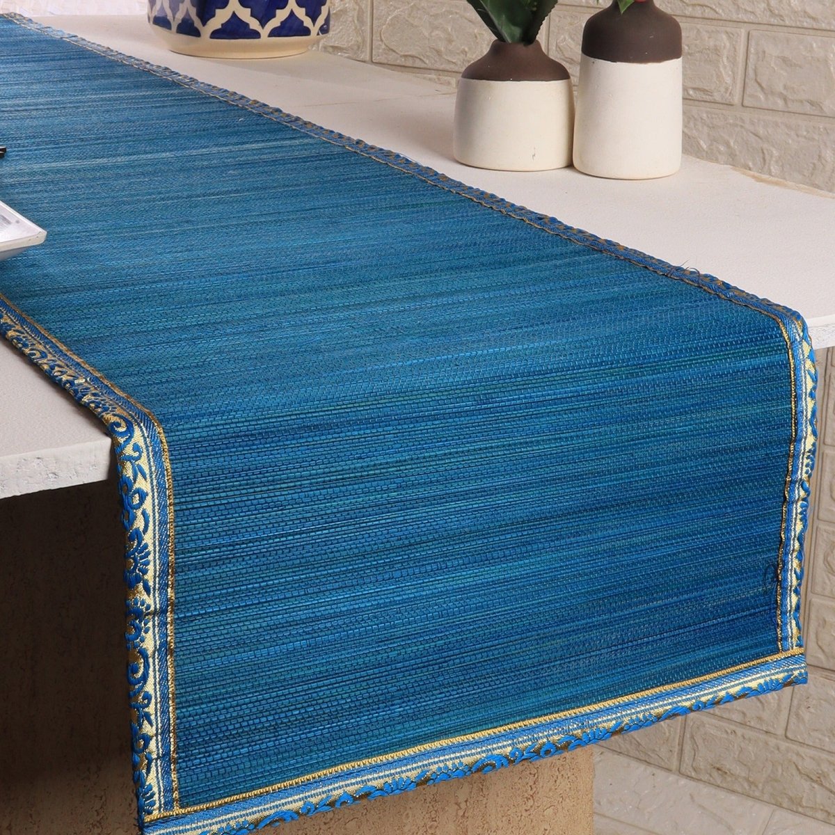 Handmade Bamboo Table Runner With Zari Border – Table Linens on Brown Living™. SKU: SK - BTR - FS - 01 - BL. Img 1.