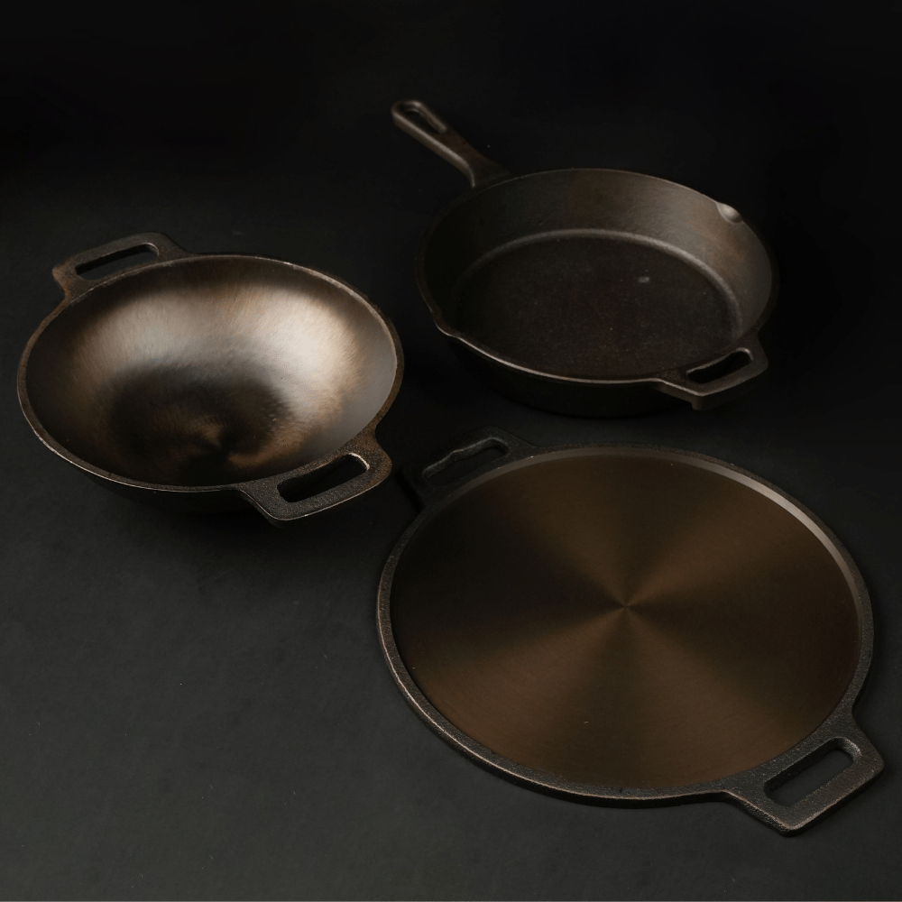 Handmade Cast Iron Combo (Kadai + Dosa Tawa + Skillet) – Cookware on Brown Living™. SKU: CastIron - Combo - 4 - 7250g - packof3. Img 1.