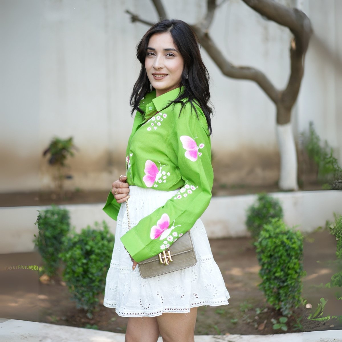 Butterfly Garden Handpainted Cotton Shirt – Womens Shirt by October available on Brown Living™. XS . SKU: SH - CT/FFM001 - GN - 1. Img 4.